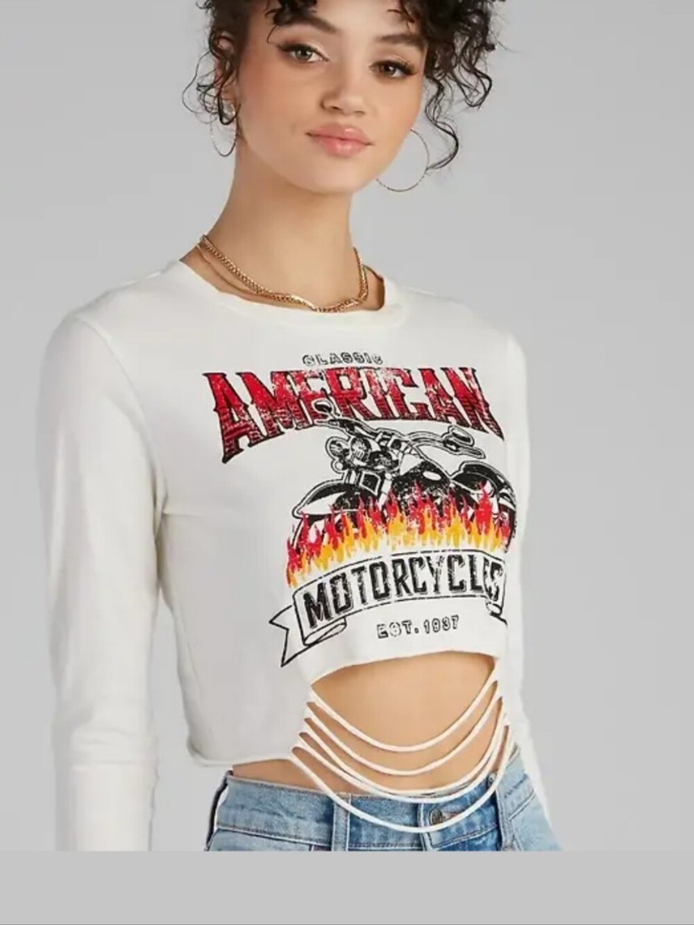 Ruby & Lace White Motorcycle Graphic Shredded Crop Top Long Sleeve Womens Medium